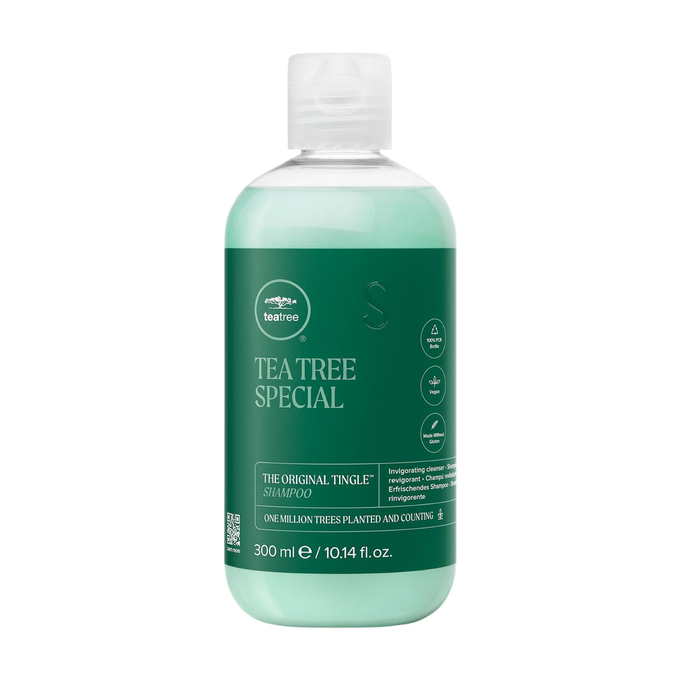 Tea Tree front bottle showing brand and product, conveys fresh scalp benefit