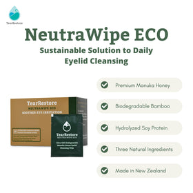 TearRestore wipes beside bathroom sink illustrating easy daily eyelid hygiene
