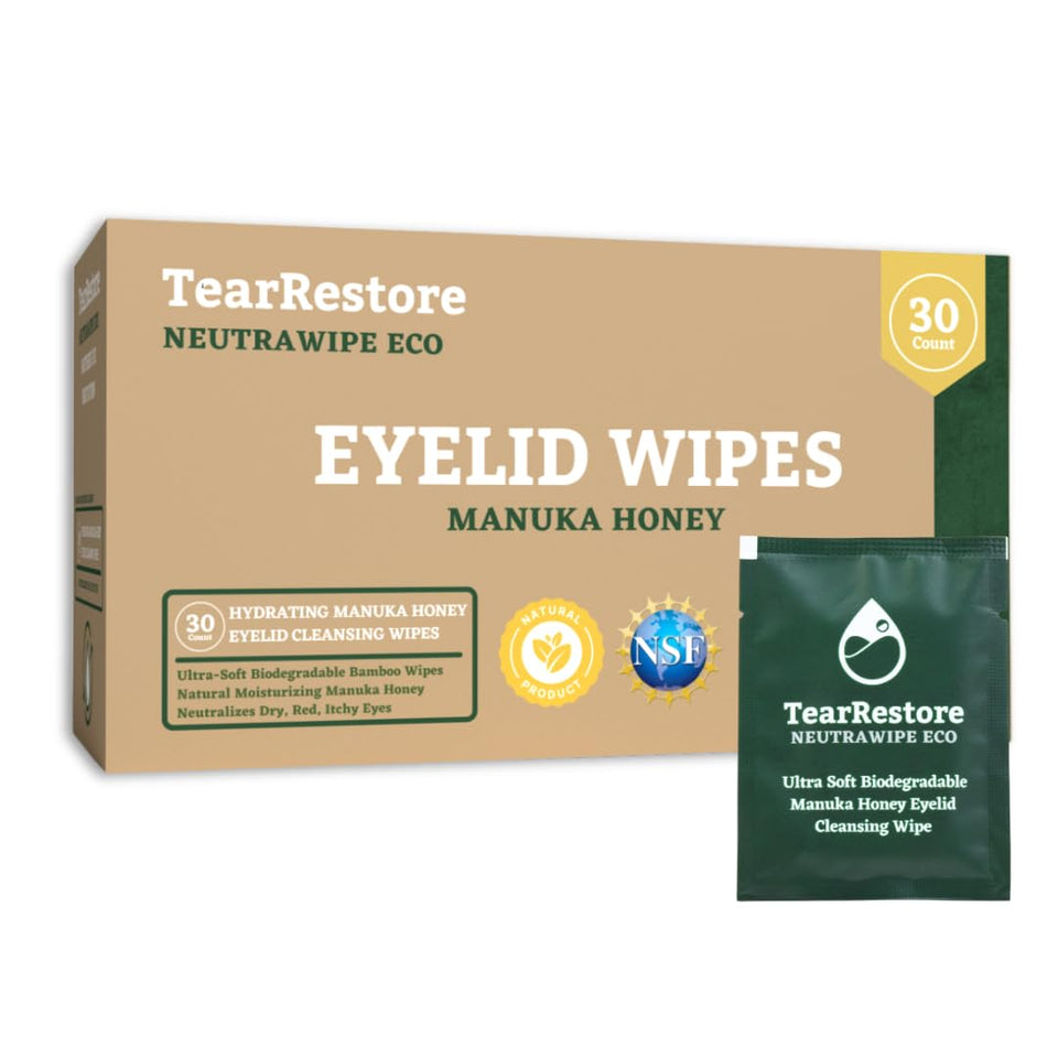 TearRestore front packaging showing 30-count biodegradable wipes for daily relief