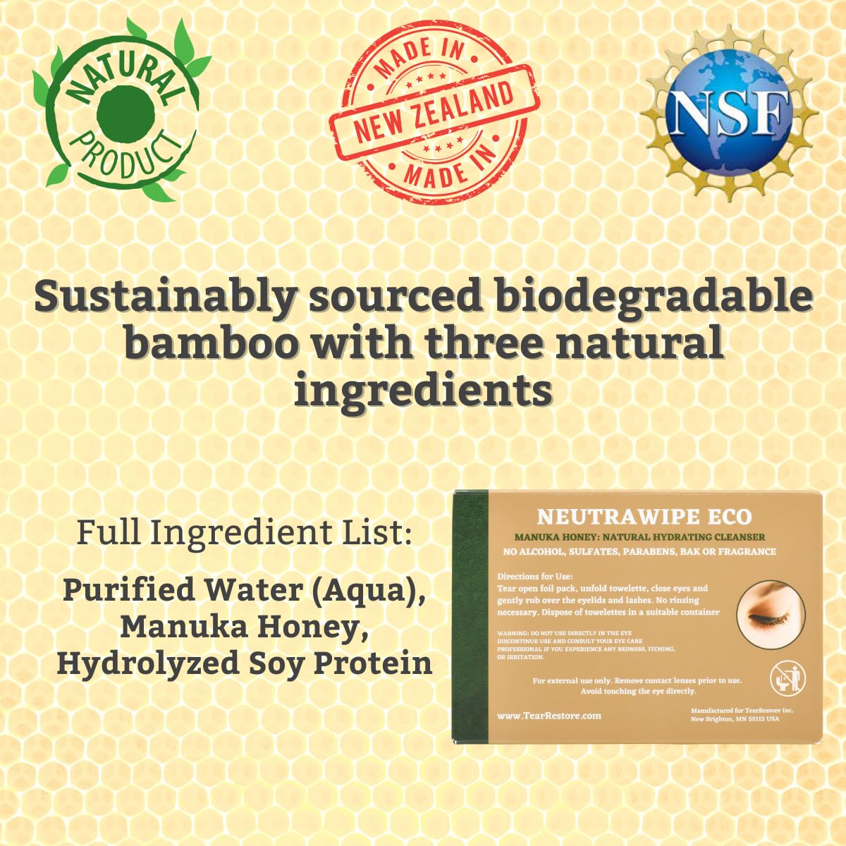 TearRestore single unwrapped wipe saturated with Manuka honey solution for cleansing