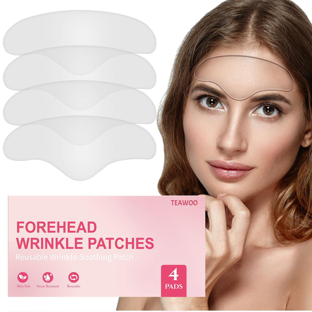 TEAWOO front view showing four forehead smoothing patches, clear application benefit
