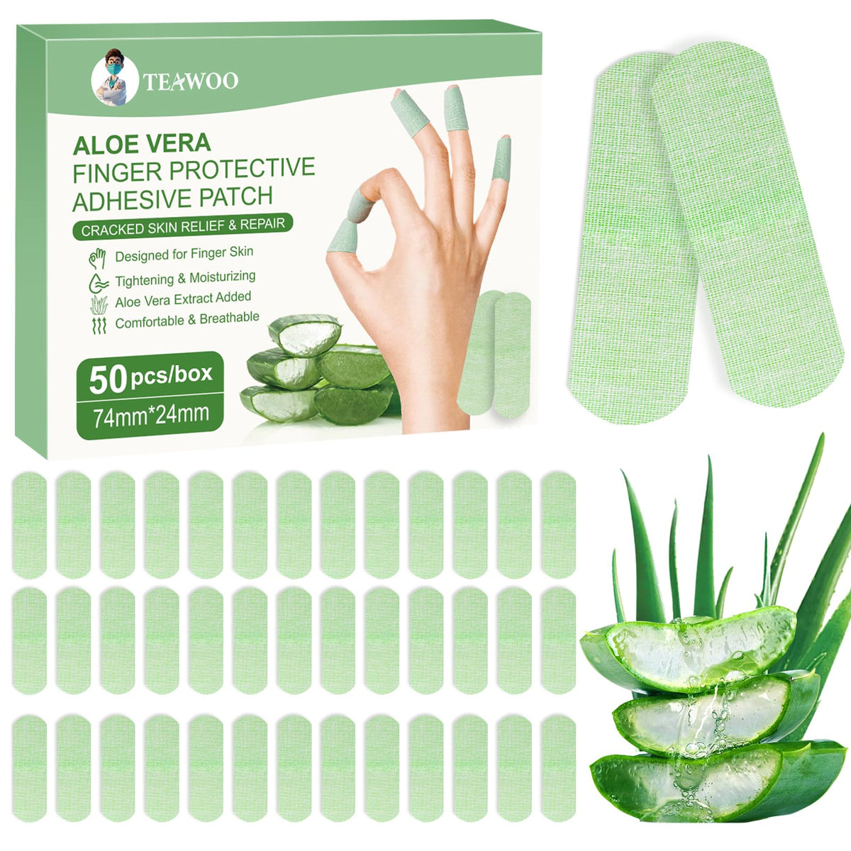 TEAWOO front packaging showing 50 aloe vera hand treatment patches for quick relief