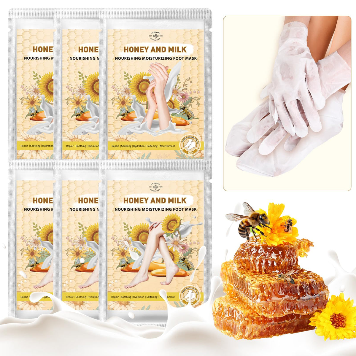 TEAWOO front packaging of hand and foot mask set showing product benefits