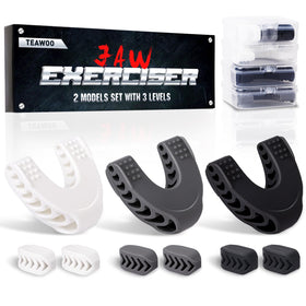 TEAWOO front view of three-color jaw exerciser set showing complete kit and cases