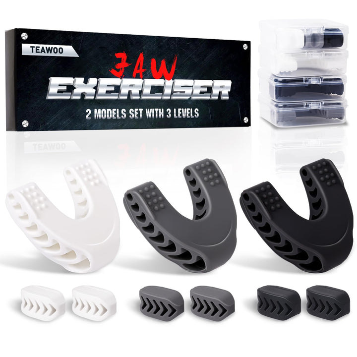 TEAWOO front view of three-color jaw exerciser set showing complete kit and cases