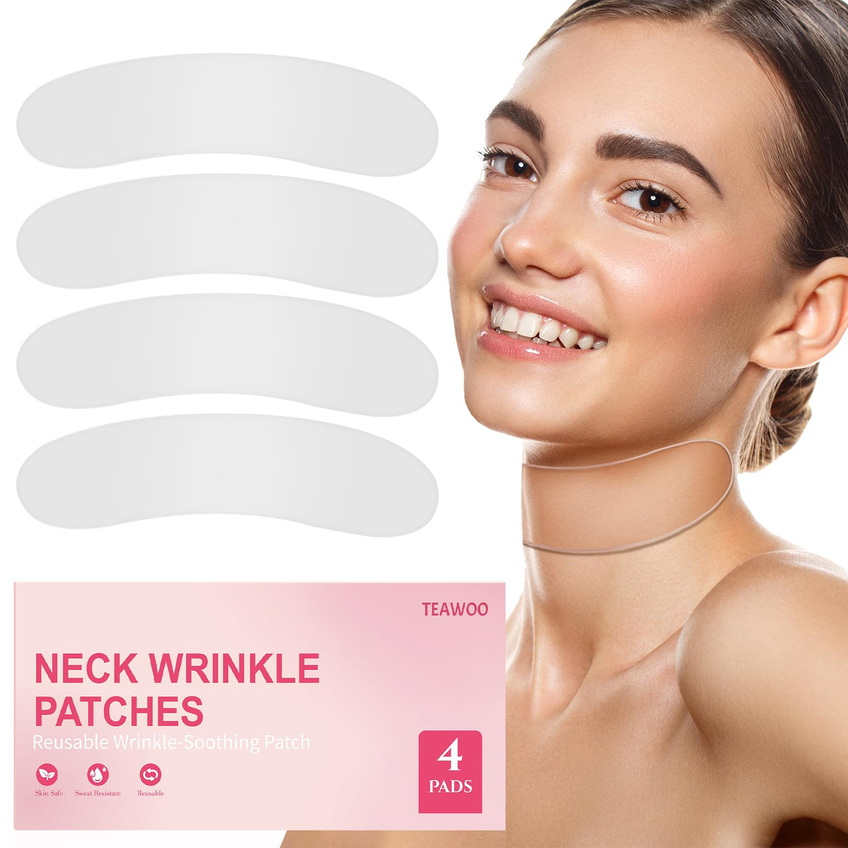 TEAWOO front packaging showing four reusable silicone neck patches and benefits