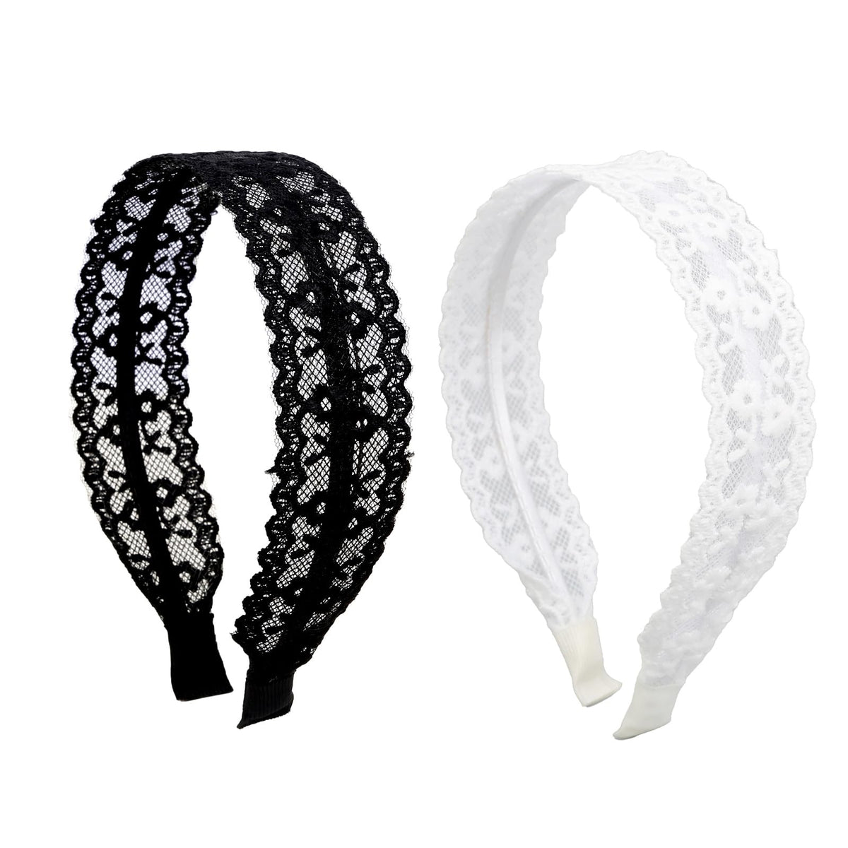 TEBIEKOY front view of two lace headbands showing floral embroidery and vintage look benefit