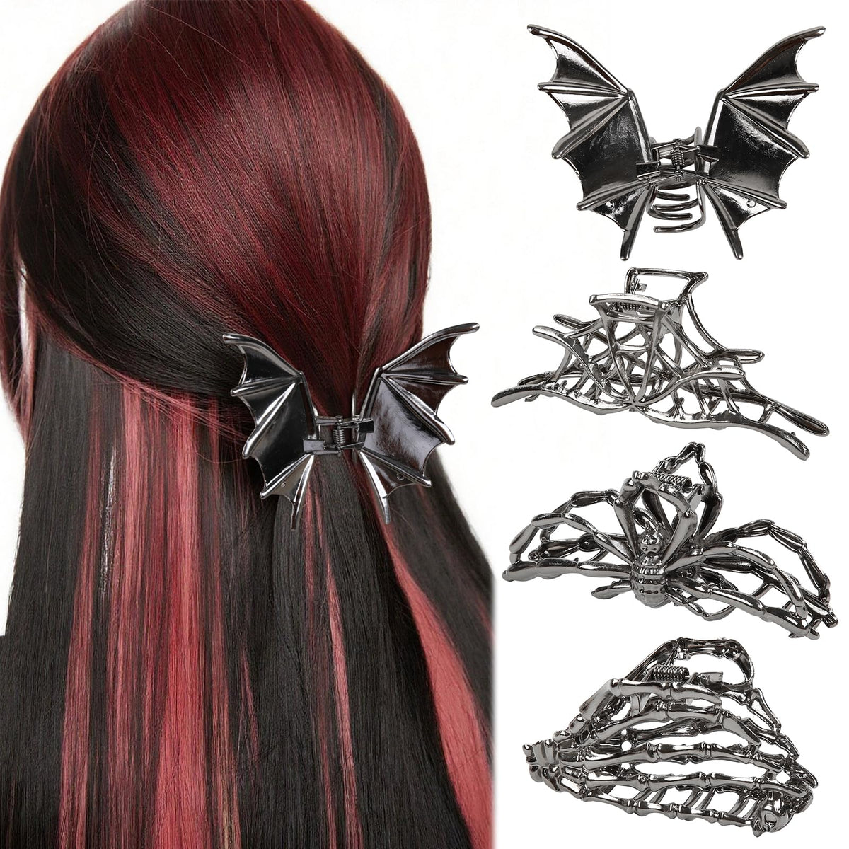 TEBIEKOY front view of all four gothic metal hair clips, bold styling