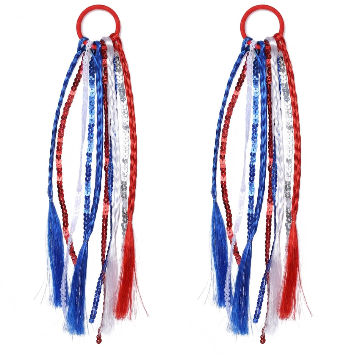Tedercle front packaging showing two patriotic tassel hair ties and festive appeal