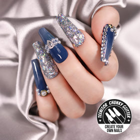 Teenitor glitter applied on nails demonstrating intense holographic shine