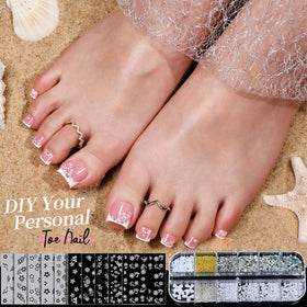 Teenitor nail charms, AB gems and white pearls laid out for customizable 3D designs