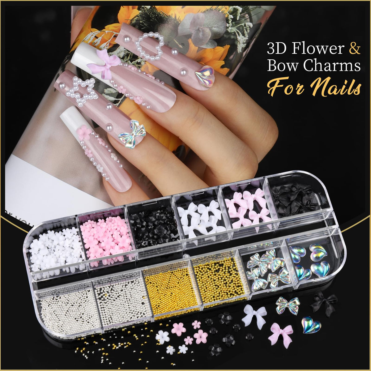 Teenitor nail charms applied on nails demonstrating 3D design effect