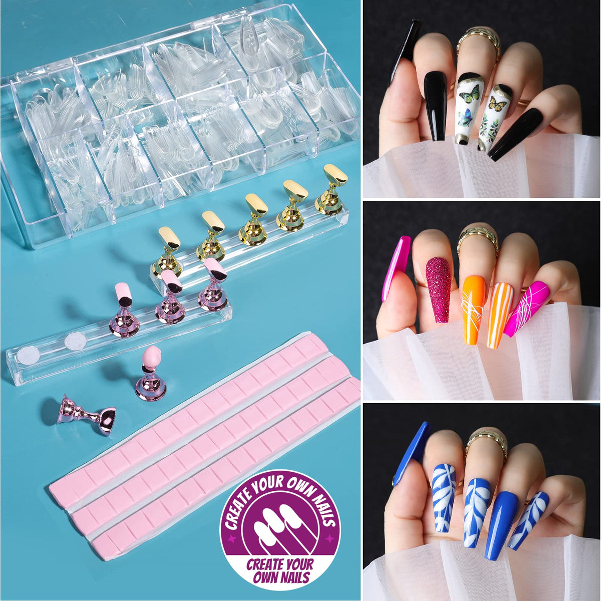 Teenitor clear coffin nail tips close-up showing numbered sizes for fast matching