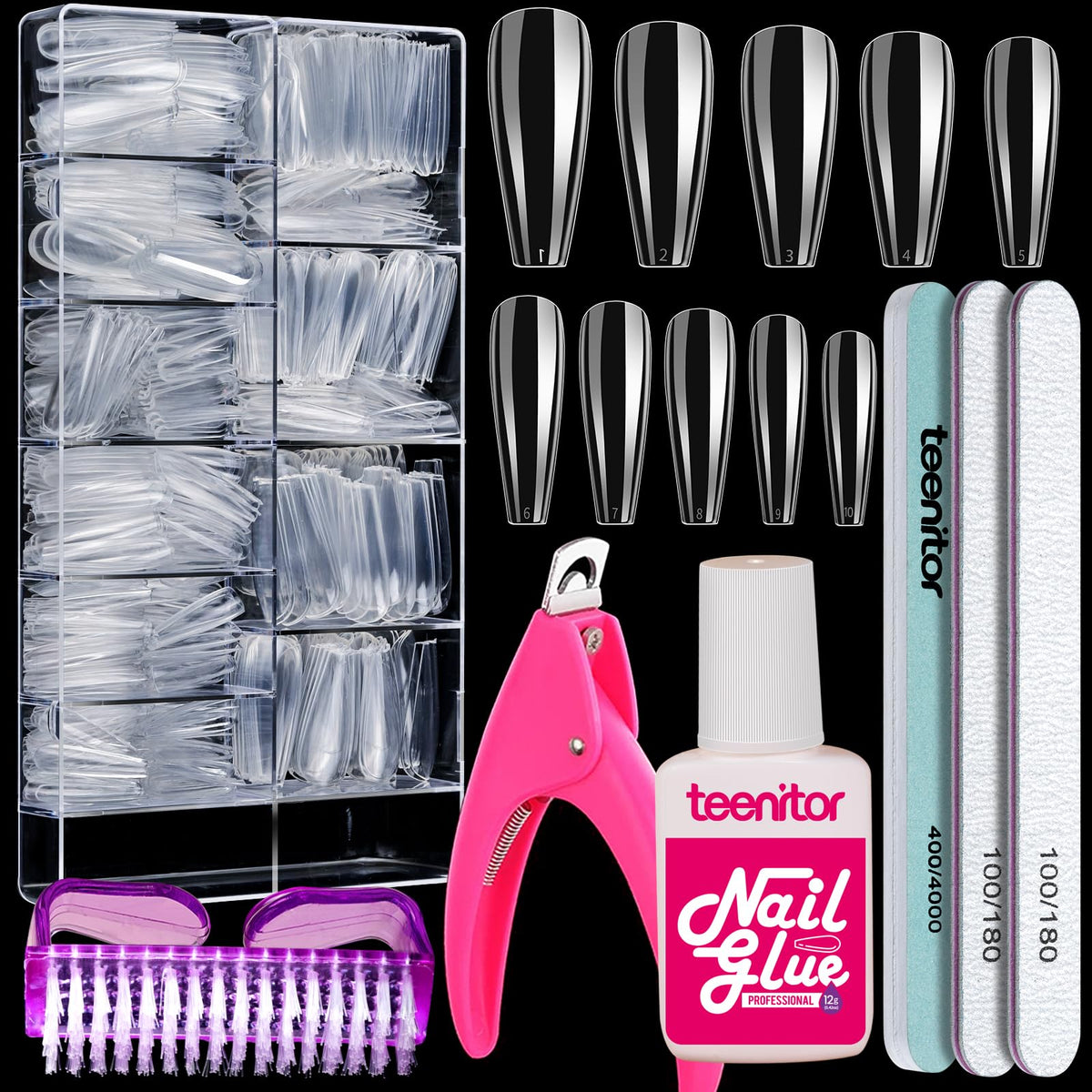Teenitor front packaging displaying full 600-piece clear coffin nail kit and tools for convenience