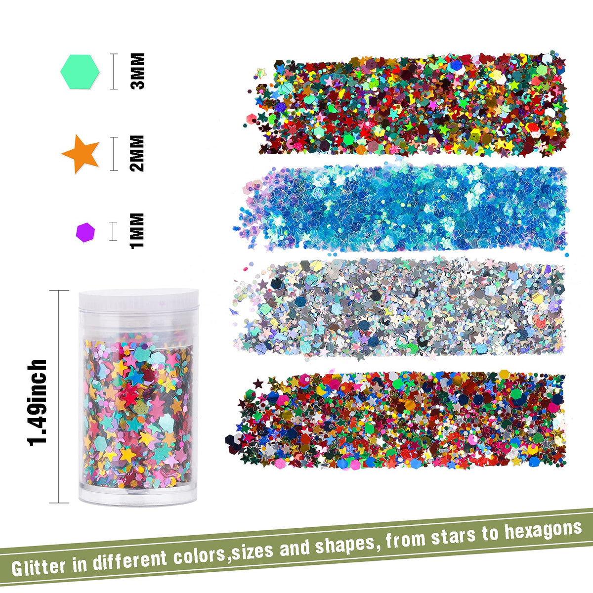 Teenitor close-up of mixed hex flakes and star pieces highlighting holographic texture