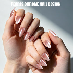 Teenitor finished chrome almond nails on hand in a lifestyle setting