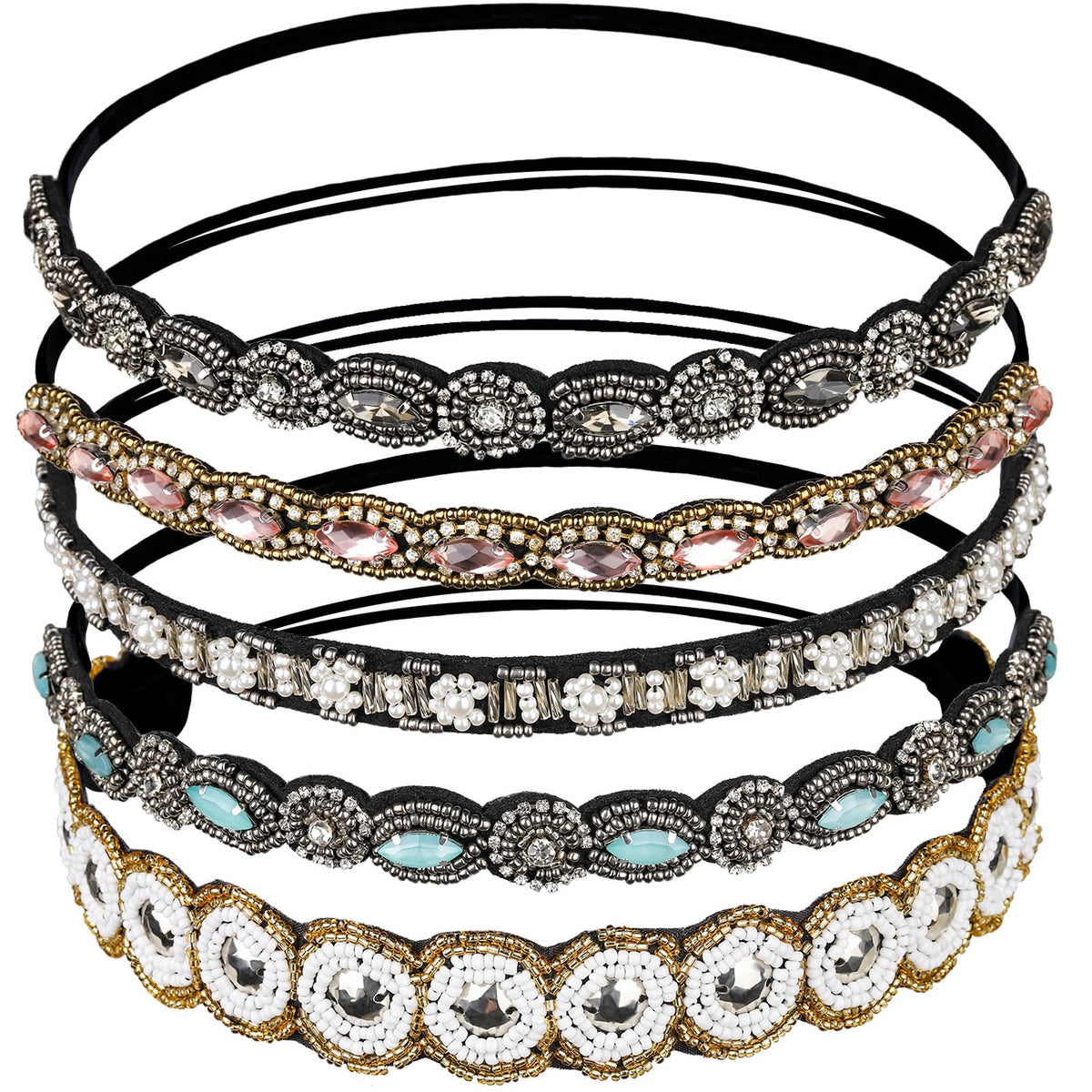 Teenitor front pack display showing five rhinestone headbands and variety benefits