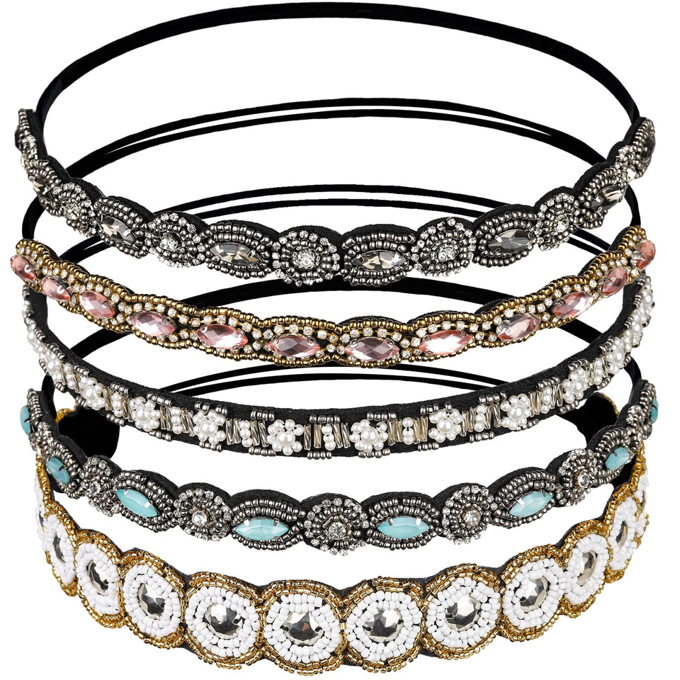 Teenitor front pack display showing five rhinestone headbands and variety benefits