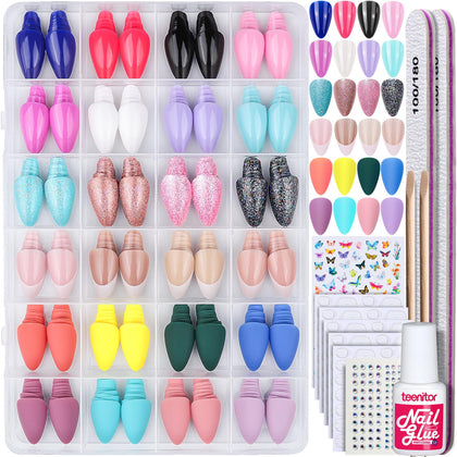 Teenitor front packaging showing full 576-piece almond nail set and benefits