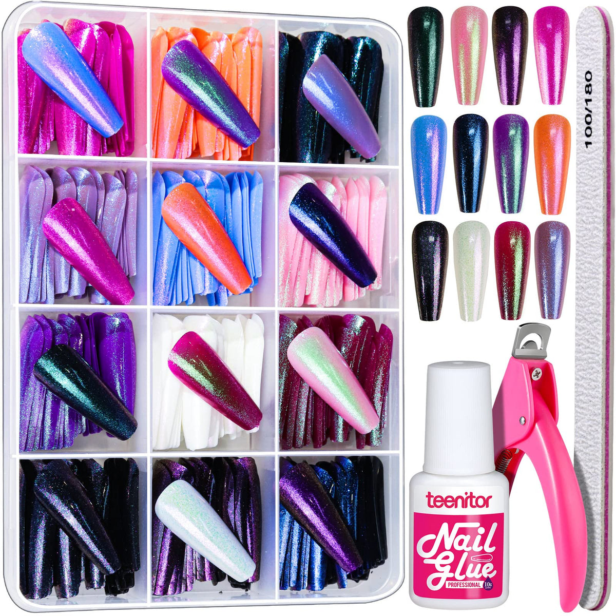 Teenitor front packaging showing chrome press-on nails and included tools for convenience
