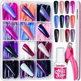 Teenitor front packaging showing chrome press-on nails and included tools for convenience