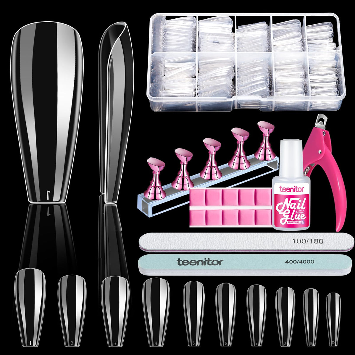 Teenitor front packaging showing 600 clear coffin nail tips and included tools for complete kit