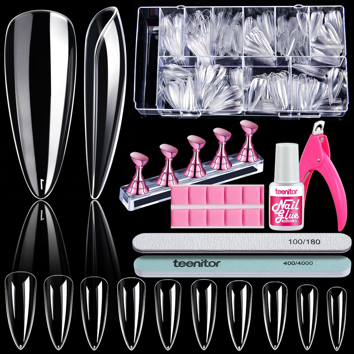 Teenitor front packaging showing 600 clear nails and included kit benefit