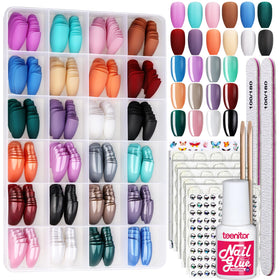 Teenitor front packaging showing 24 grid coffin nail packs and tools, organized kit benefit