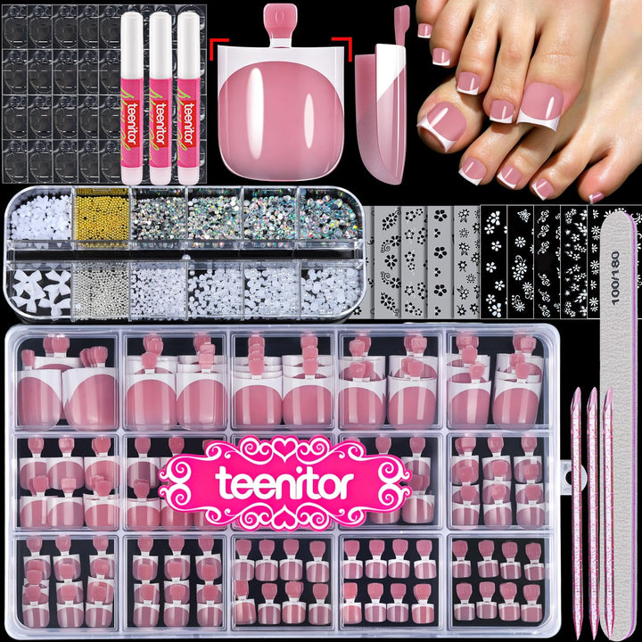 Teenitor front packaging showing 150pcs French tip toenail kit and contents for easy salon results