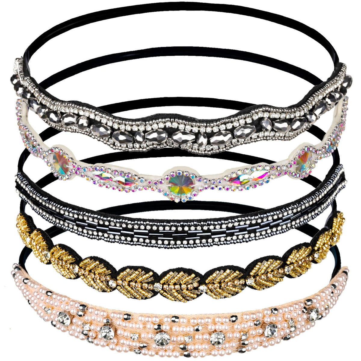 Teenitor front view showing five jeweled headbands and set variety benefit