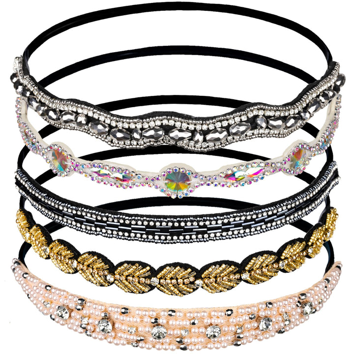 Teenitor front view showing five jeweled headbands and set variety benefit