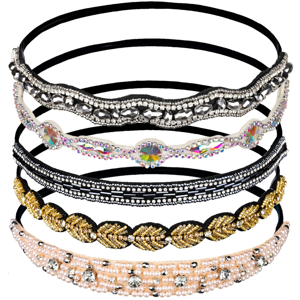 Teenitor front view showing five jeweled headbands and set variety benefit