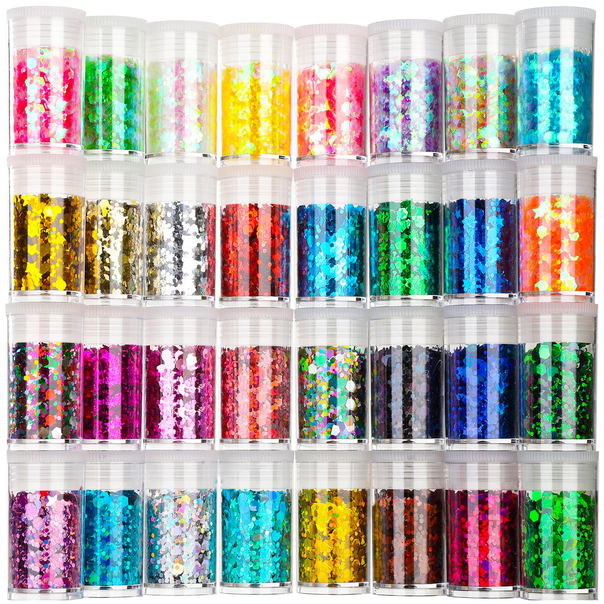Teenitor front packaging showing 32 glitter jars and vibrant colors for easy selection