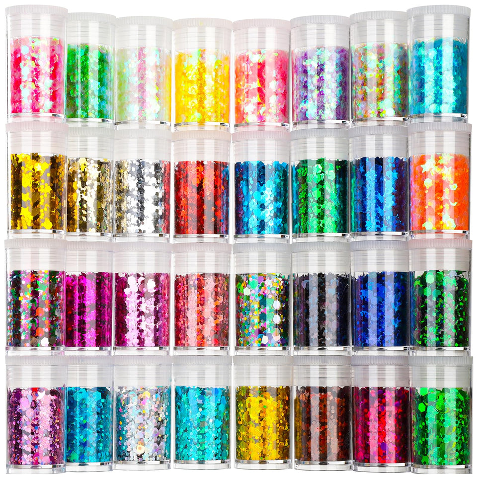 Teenitor front packaging showing 32 glitter jars and vibrant colors for easy selection
