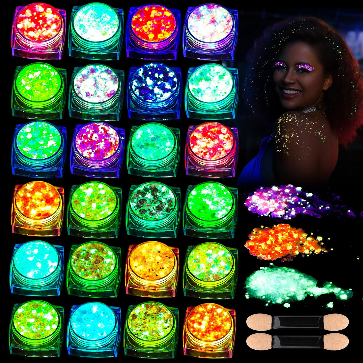 Teenitor front packaging showing 24 glow-in-the-dark glitter jars and kit benefits