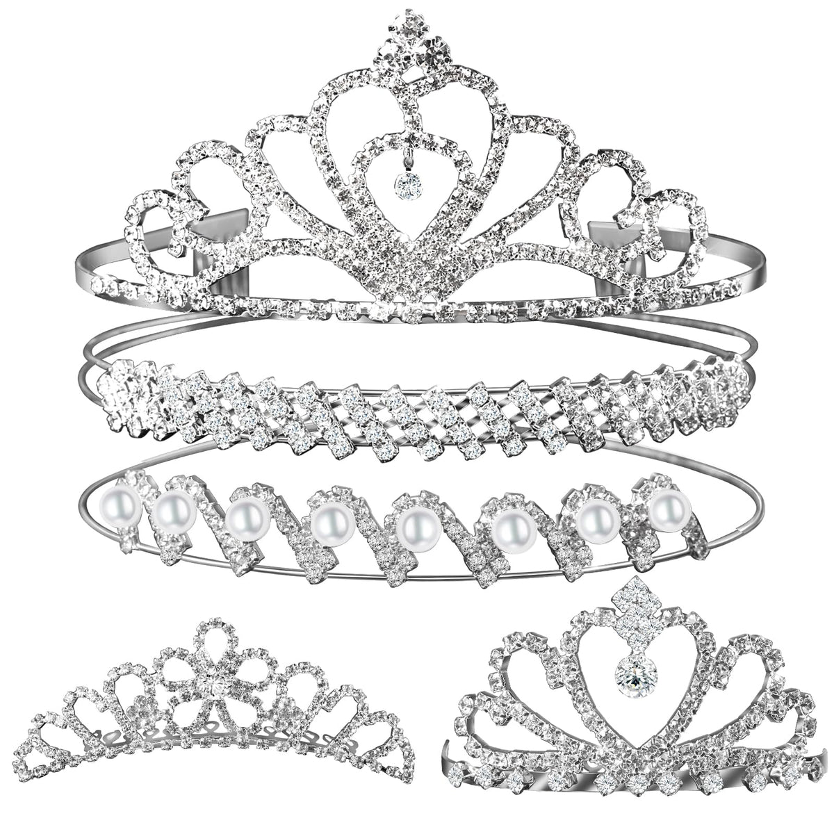 Teenitor front view of five tiaras showing variety and elegant shine
