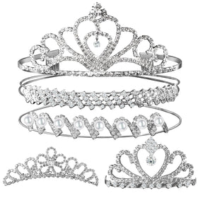 Teenitor front view of five tiaras showing variety and elegant shine