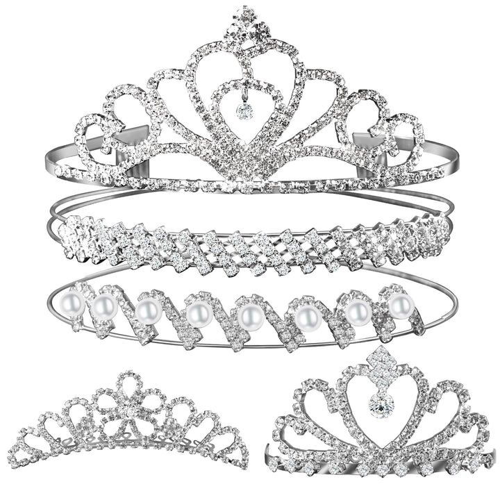 Teenitor front view of five tiaras showing variety and elegant shine