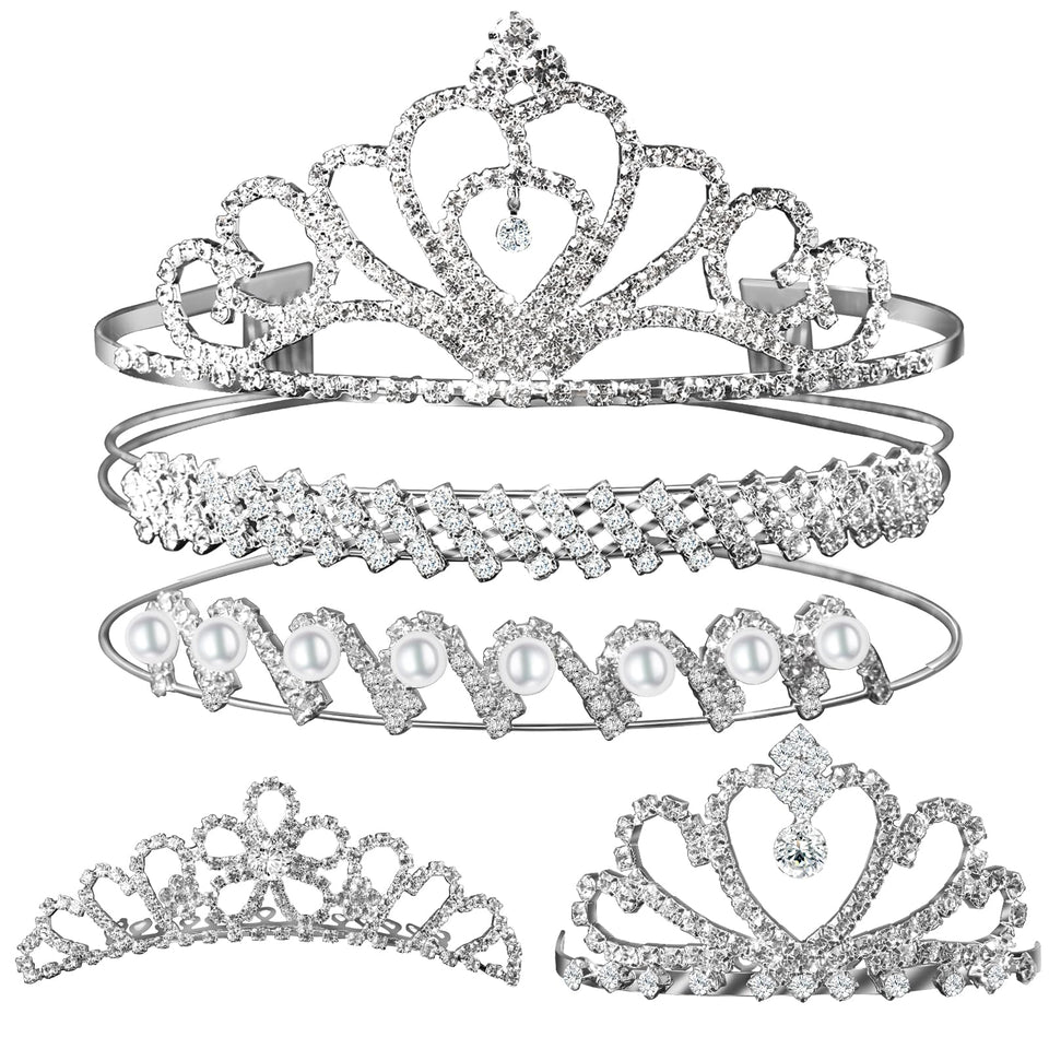 Teenitor front view of five tiaras showing variety and elegant shine