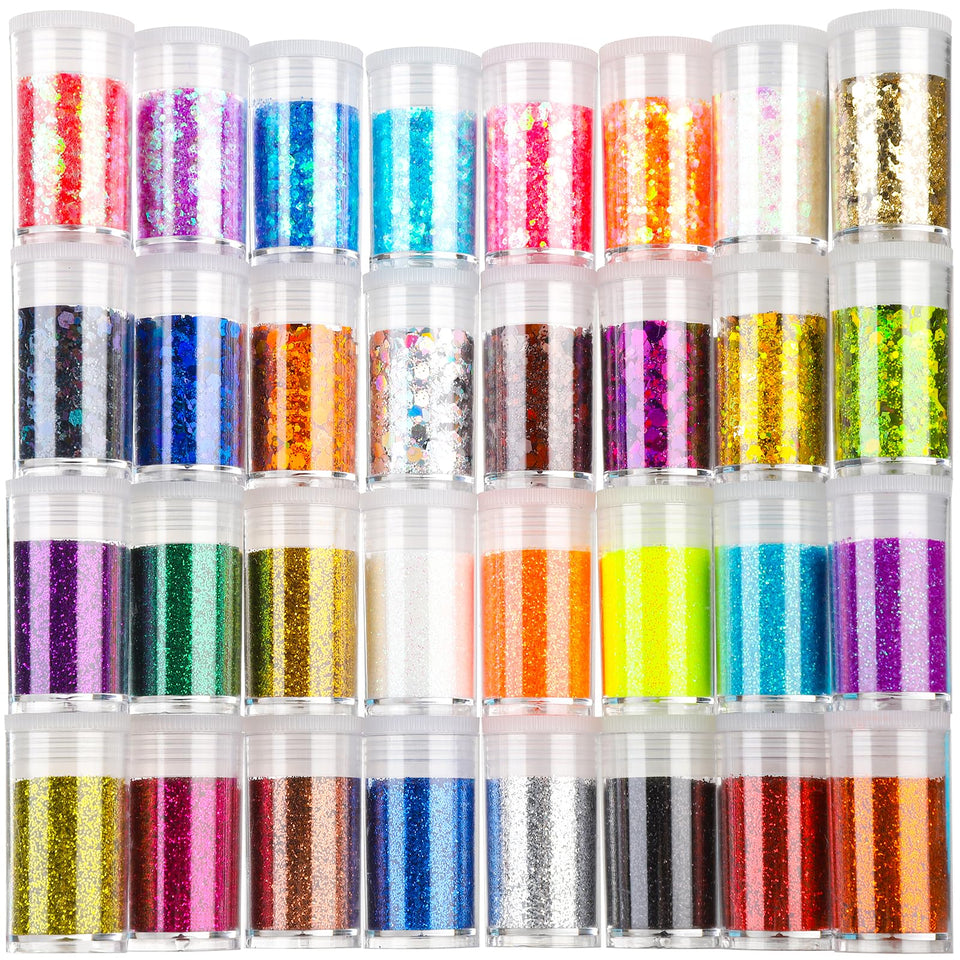 Teenitor front packaging showing 32 sealed glitter pots and vibrant colors