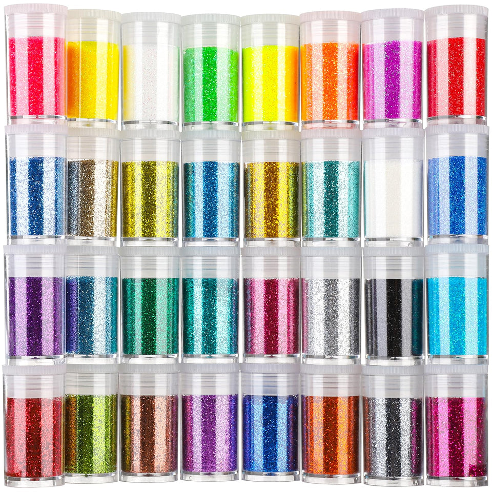 Teenitor front packaging showing 32 glitter jars and product benefits