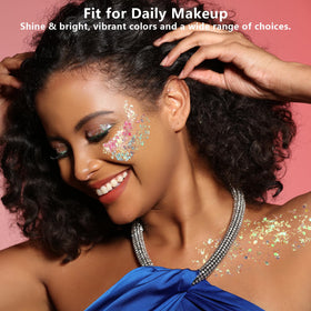 Teenitor glitter on cheek closeup showing strong adhesion and luminous effect