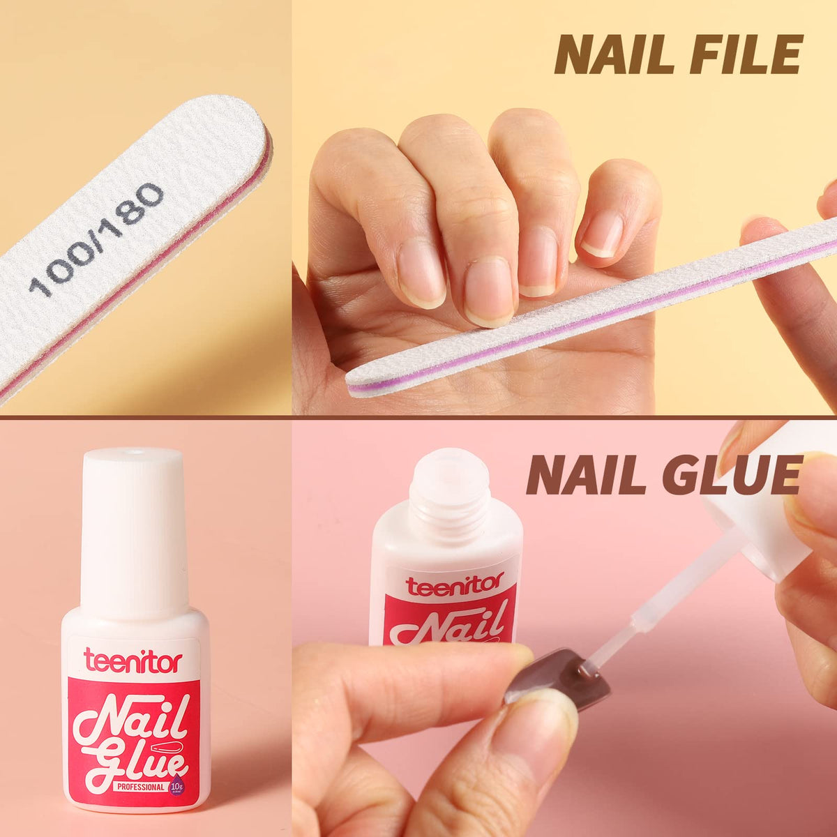 Teenitor press-on nails applied to hands showing natural short square finish