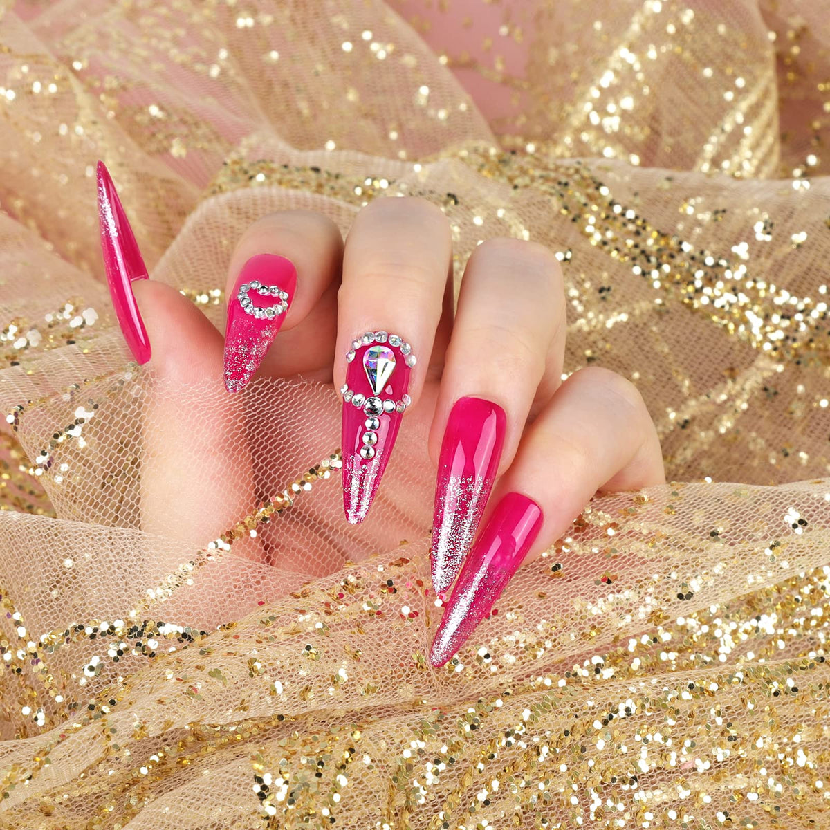 Teenitor nails worn on hands showing finished stiletto manicure benefit