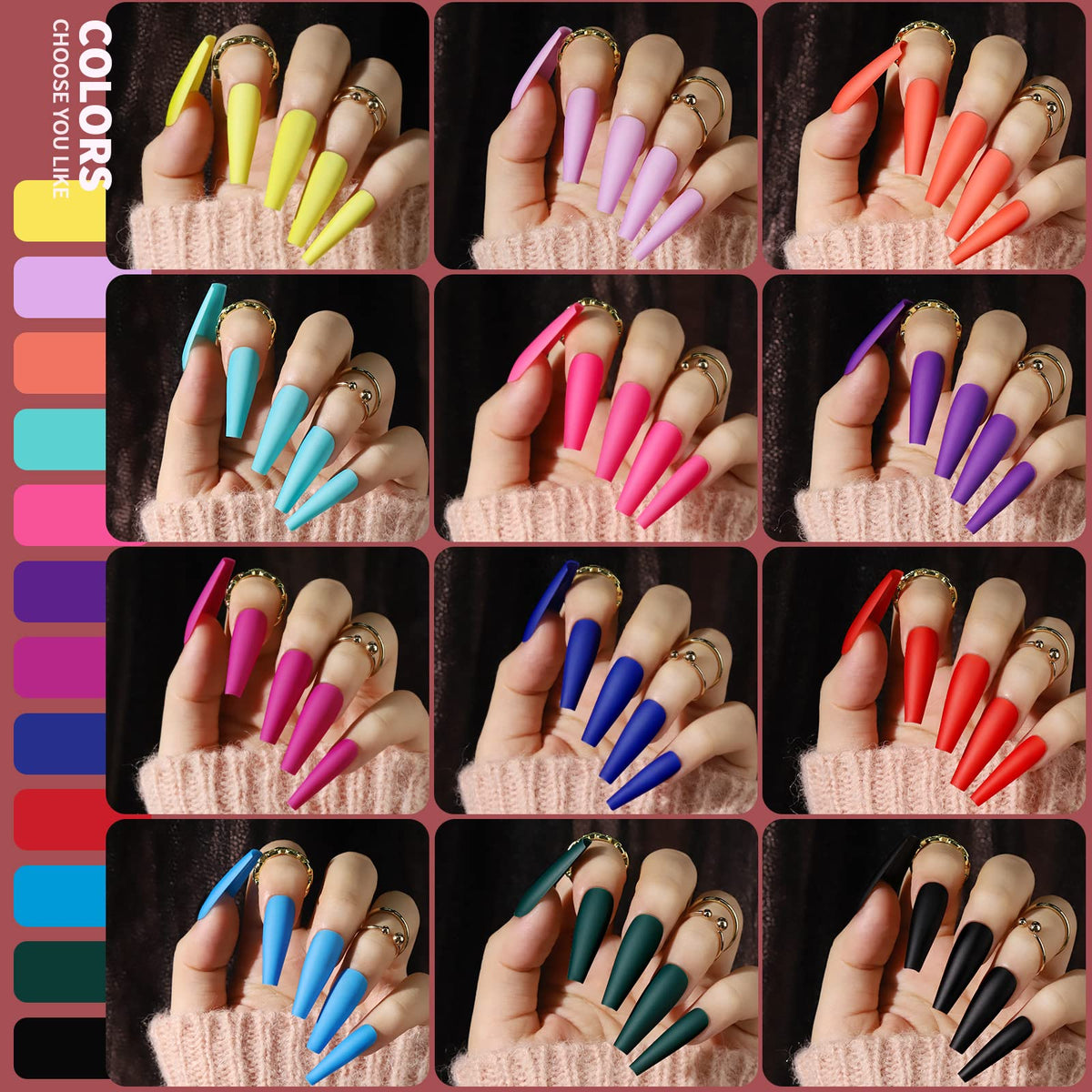 Teenitor matte color grid with 24 compartments displaying vibrant long coffin shades