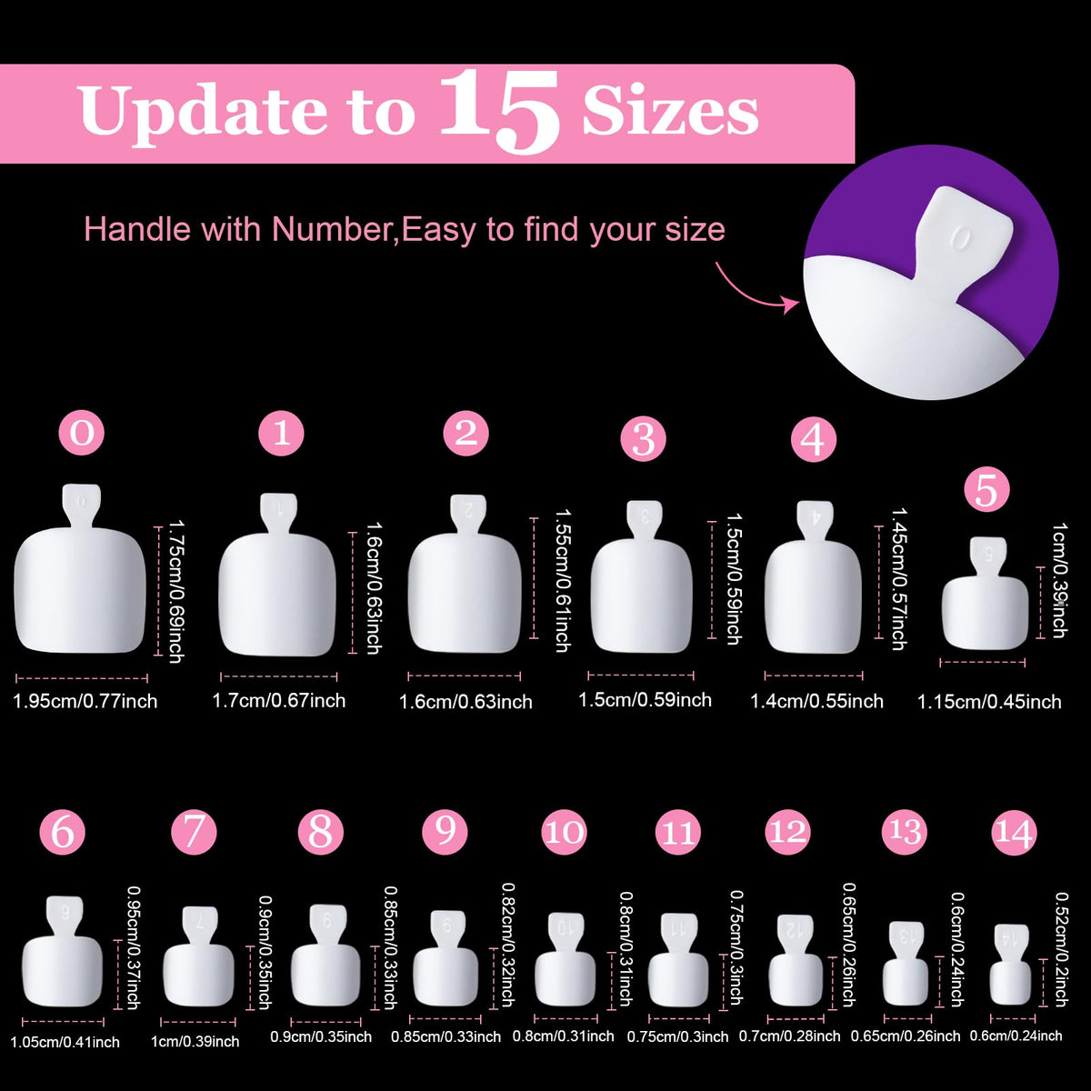 Teenitor layout with 15 sizes and numbered handles for precise sizing