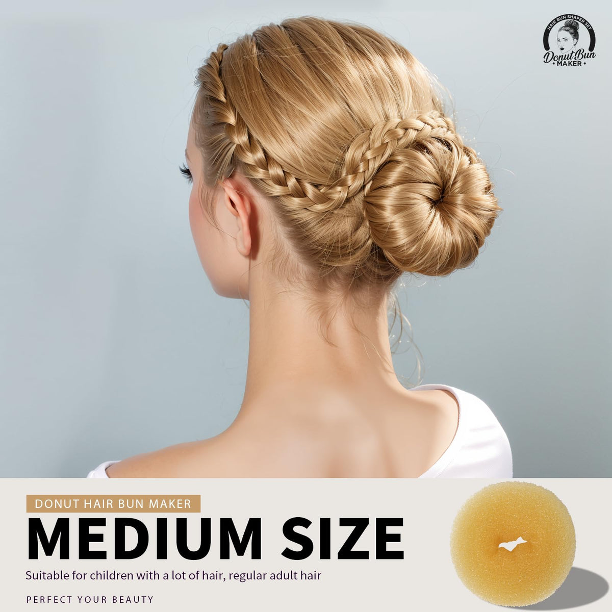 Teenitor extra-large donut in use creating a full bun with smooth finish and hold