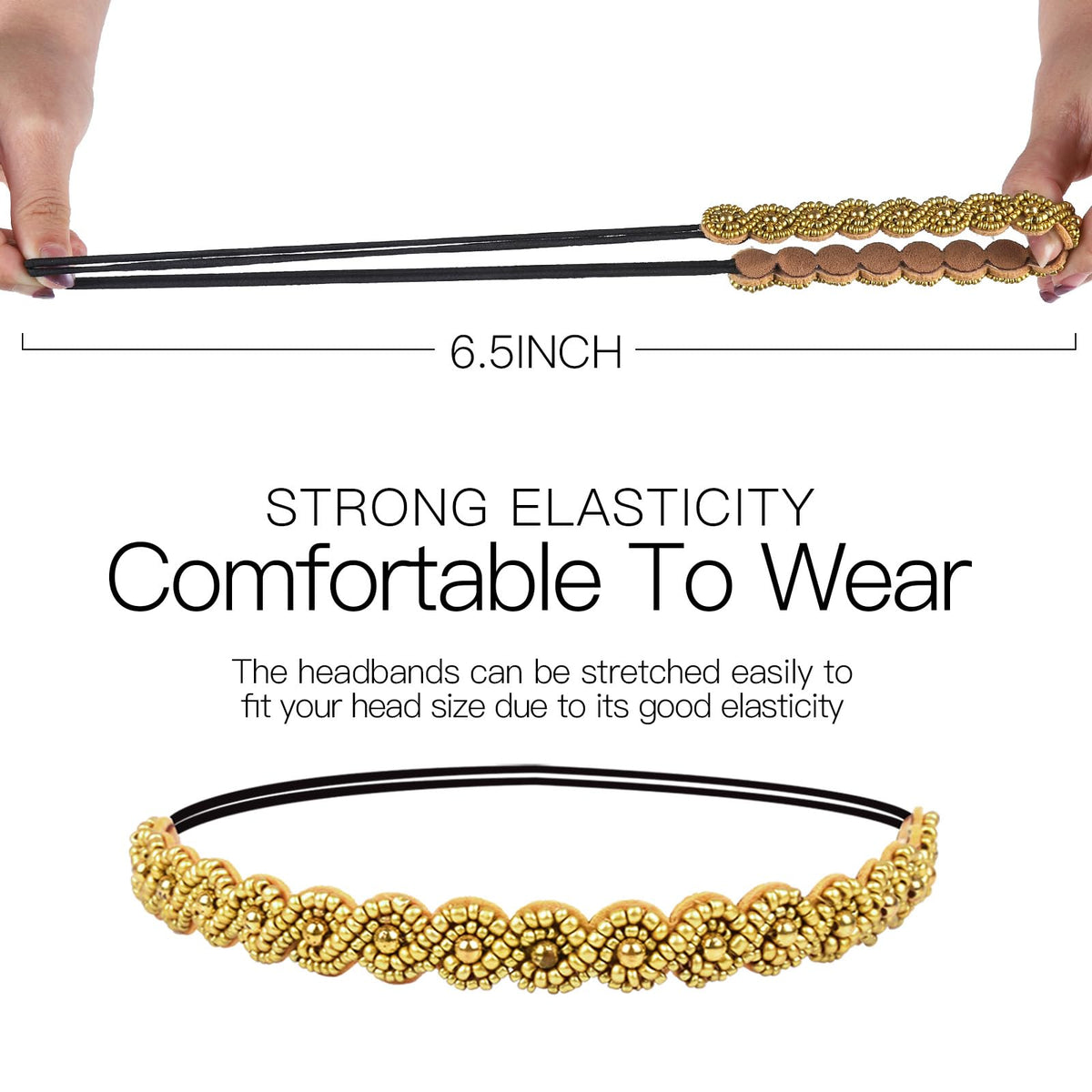 Teenitor elastic band stretched by hands showing flexible fit benefit for varied head sizes