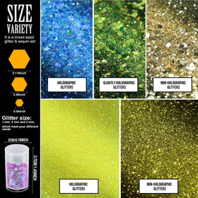 Teenitor texture close-up of holographic chunky and fine glitters showing depth