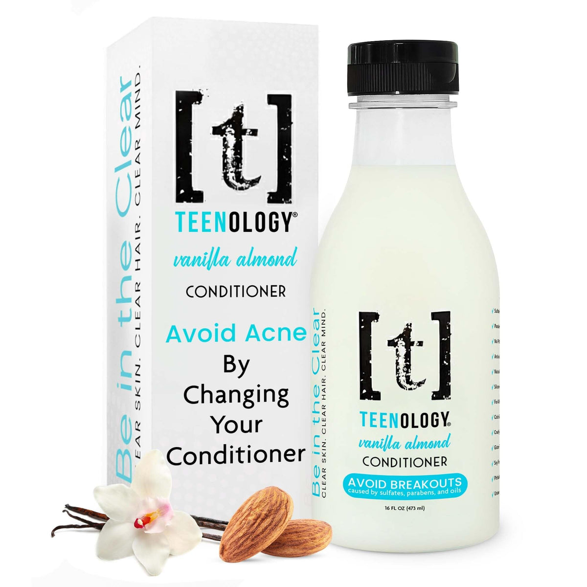 Teenology front packaging showing vanilla almond scent and clear-skin benefit